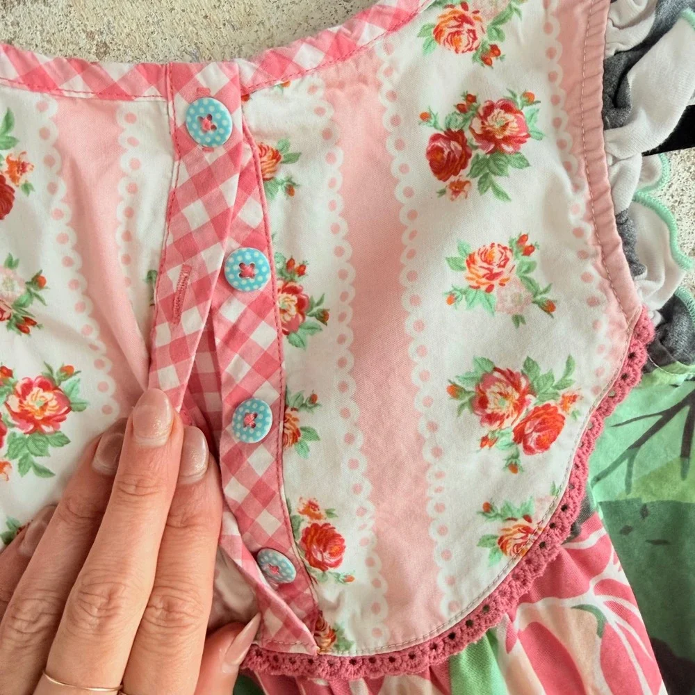 Matilda Jane Dress Floral Gingham Ruffles Pink‎ Green Girls 6